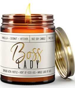 boss lady gifts for women – ‘boss lady’ soy candle, w/ vanilla, white coconut & vetiver i best boss gifts for women i girl boss female gifts i 9oz reusable glass jar, 50hr burn time, 9oz, made in usa