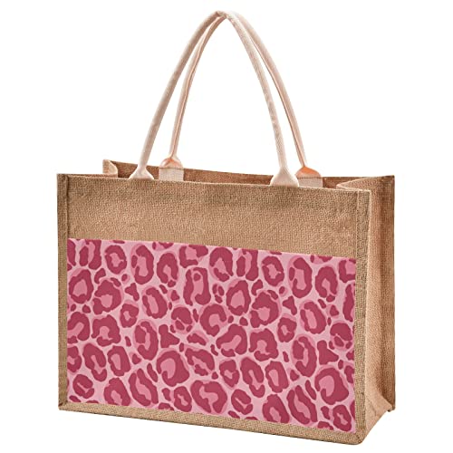 Leopard Pink Tote Bag Jute Cloth Large Capacity Trendy Durable Purses Handbags for Women Girls 4 Size
