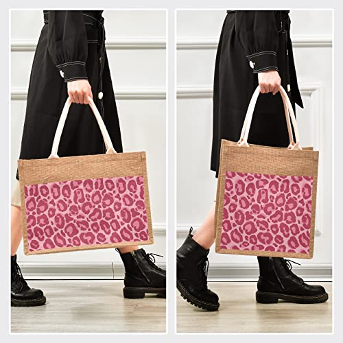 Leopard Pink Tote Bag Jute Cloth Large Capacity Trendy Durable Purses Handbags for Women Girls 4 Size