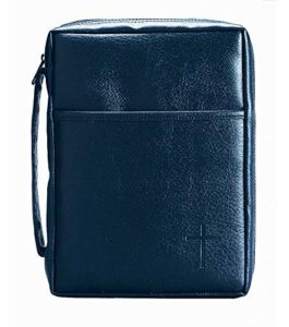 blue embossed cross with front pocket leather look bible cover with handle, large
