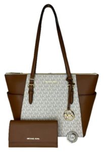 michael kors charlotte large zip tote bundled with matching trifold wallet and purse hook (vanilla mk/luggage)