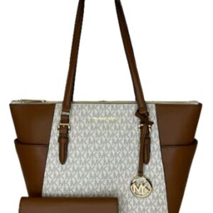 Michael Kors Charlotte Large Zip Tote bundled with matching Trifold Wallet and Purse Hook (Vanilla MK/Luggage)