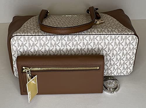 Michael Kors Charlotte Large Zip Tote bundled with matching Trifold Wallet and Purse Hook (Vanilla MK/Luggage)