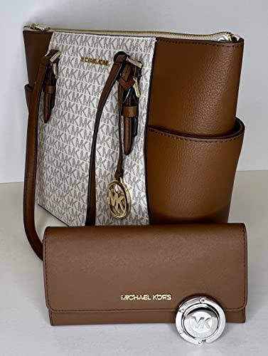 Michael Kors Charlotte Large Zip Tote bundled with matching Trifold Wallet and Purse Hook (Vanilla MK/Luggage)