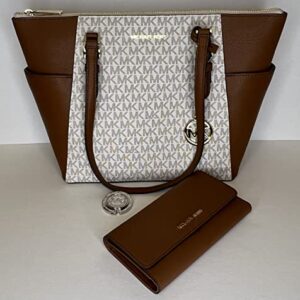 Michael Kors Charlotte Large Zip Tote bundled with matching Trifold Wallet and Purse Hook (Vanilla MK/Luggage)