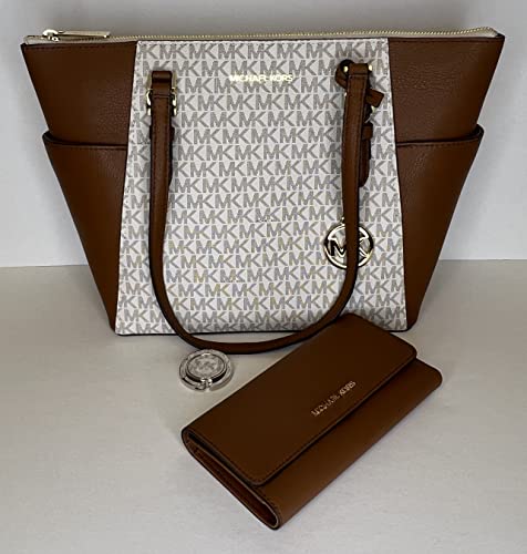 Michael Kors Charlotte Large Zip Tote bundled with matching Trifold Wallet and Purse Hook (Vanilla MK/Luggage)