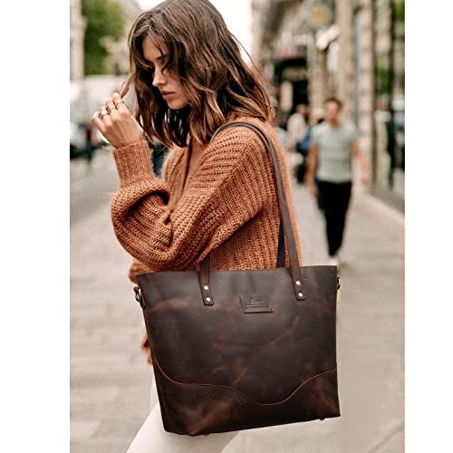 S-ZONE Women's Leather Tote Bag Vintage Large Work Handbag Shoulder Crossbody Purse with Zipper Pocket