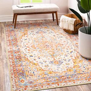 mujoo machine washable rugs 3×5 boho area rug small area rugs non slip for entryway bedroom bedside kitchen hallway living room laundry room persian indoor mat soft low-pile burnt orange and blue