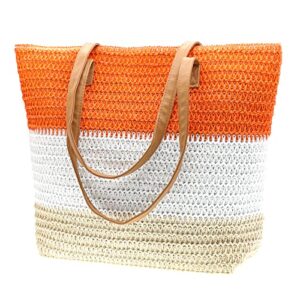 cioou large straw tote bag for women rattan woven beach bag summer colored stripe shoulder bags (orange beige nature bag totes)