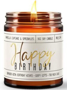 happy birthday candle, happy birthday gifts for women – soy candle, w/ vanilla cupcake & sprinkles i happy birthday candles for women friends bday i 9oz reusable glass jar, 50hr burn time, made in usa