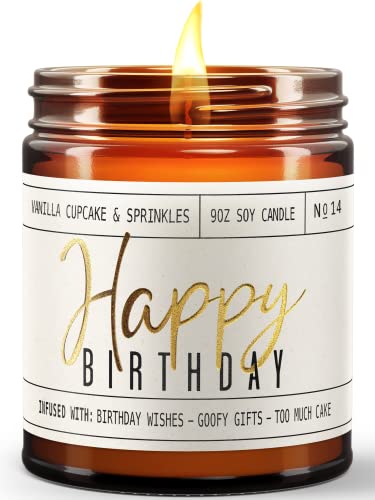 Happy Birthday Candle, Happy Birthday Gifts for Women - Soy Candle, w/ Vanilla Cupcake & Sprinkles I Happy Birthday Candles for Women Friends Bday I 9oz Reusable Glass Jar, 50Hr Burn Time, Made in USA