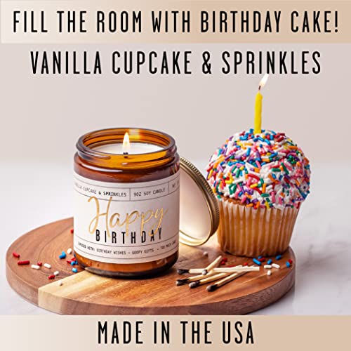 Happy Birthday Candle, Happy Birthday Gifts for Women - Soy Candle, w/ Vanilla Cupcake & Sprinkles I Happy Birthday Candles for Women Friends Bday I 9oz Reusable Glass Jar, 50Hr Burn Time, Made in USA