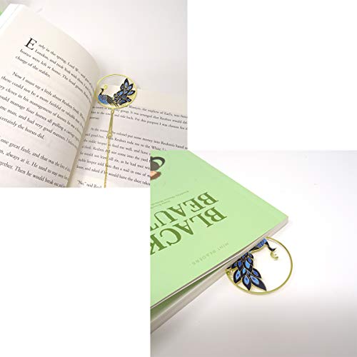 yueton Peacock Metal Bookmarks 24K Gold Plated Brass Page Marker with Metal Pendant