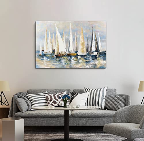Yuegit Ocean Wall Art Sailboat Canvas Wall Art : Coastal Wall Decor Abstract Wall Art for Living Room Framed Prints for Home Decor Ready for Hang for Bedroom Bathroom Dining Room 24X36 Inch