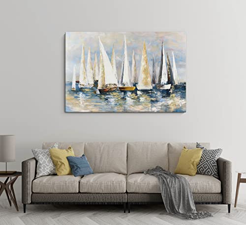 Yuegit Ocean Wall Art Sailboat Canvas Wall Art : Coastal Wall Decor Abstract Wall Art for Living Room Framed Prints for Home Decor Ready for Hang for Bedroom Bathroom Dining Room 24X36 Inch