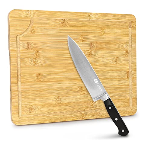 Large Bamboo Cutting Board & Chef knife Set, Home Essentials Kitchen Accessories, Butcher Block Chopping Board, Stainless Steel Meat Butcher Knife - 8 inch Forged Chefs Knife Kitchen Knives