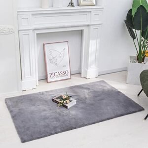 hyseas luxurious faux rabbit fur rug, 3×5 feet rectangle ultra soft fluffy plush shaggy carpet throw area rug for floor, sofa, bedroom, living room, home decoration, grey
