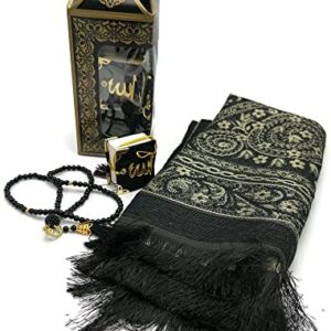 Ramadan Gift Set Prayer Rug Janamaz Seccade Pearl Tasbeeh Prayer Beads and Car Decor Mini Quran 3pcs/Set (Black)