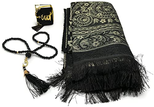 Ramadan Gift Set Prayer Rug Janamaz Seccade Pearl Tasbeeh Prayer Beads and Car Decor Mini Quran 3pcs/Set (Black)