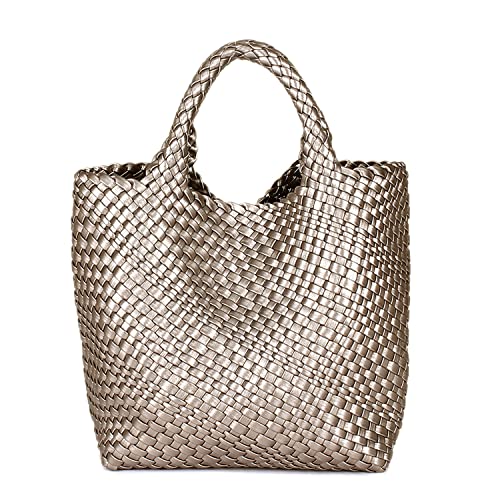 Fashion Woven Bag Shopper Bag Travel Handbags and Purses Women Tote Bag Large Capacity Shoulder Bags(Gun silver)