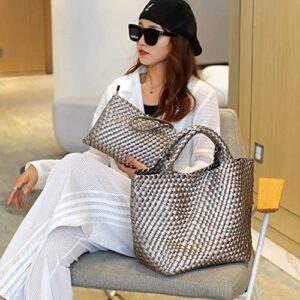 Fashion Woven Bag Shopper Bag Travel Handbags and Purses Women Tote Bag Large Capacity Shoulder Bags(Gun silver)