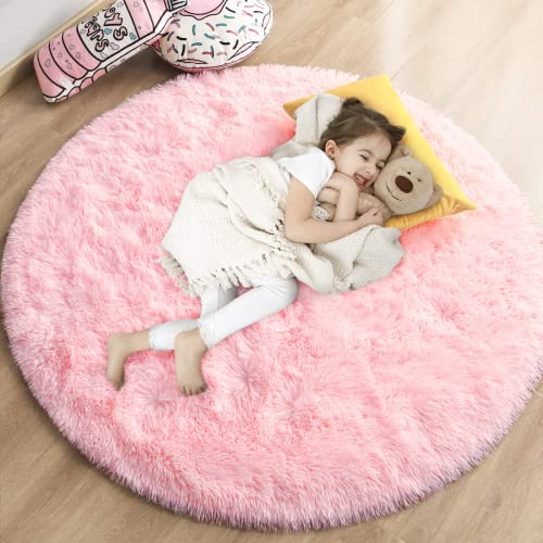 Gifeas Pink Round Rug for Girls Bedroom, Fluffy Circle 4'X4' , Kids, Shaggy Circular Rug for Baby Nursery Dorm, Upgrade Fuzzy Plush Rug for Living room, Cute Room Decor for Teens