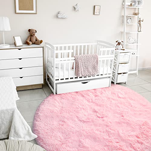 Gifeas Pink Round Rug for Girls Bedroom, Fluffy Circle 4'X4' , Kids, Shaggy Circular Rug for Baby Nursery Dorm, Upgrade Fuzzy Plush Rug for Living room, Cute Room Decor for Teens