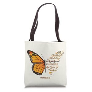 she is clothed strength & dignity proverbs 31:25 christian tote bag