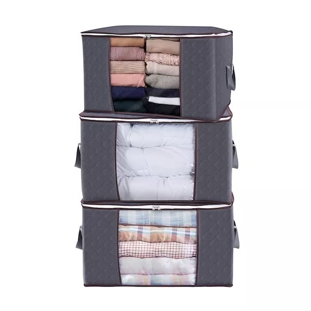 Clothes Storage Bins, Foldable Blanket Storage Bags with Lids & Handle, Closet or Underbed Organizer Containers, Grey, 90L, 3 PCS