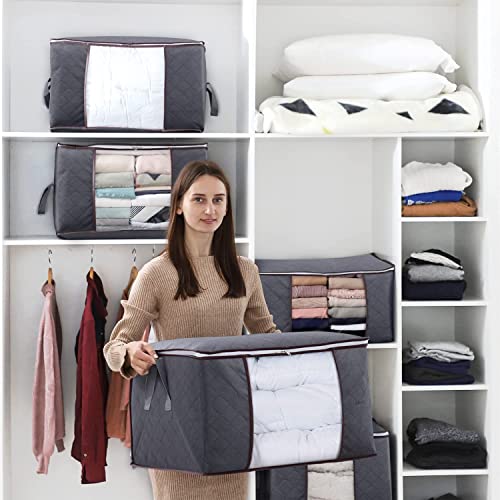 Clothes Storage Bins, Foldable Blanket Storage Bags with Lids & Handle, Closet or Underbed Organizer Containers, Grey, 90L, 3 PCS