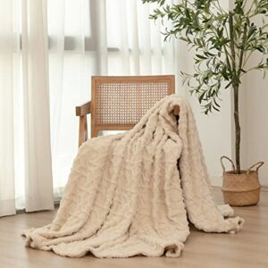 soft sherpa fleece twin blanket, cozy fuzzy microfiber comfy throw for bed sofa couch and travel, cream beige 60” x 80”