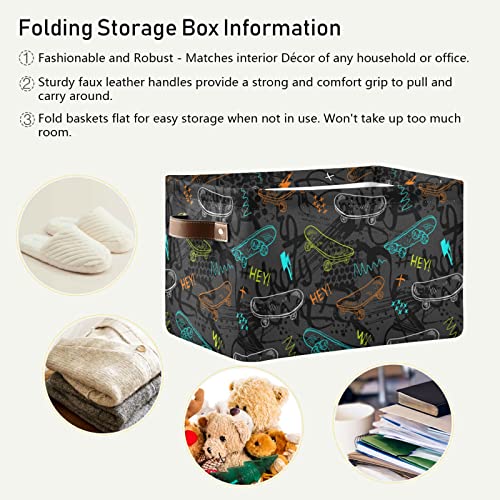 xigua Grunge Sport Skateboards Storage Basket, Durable Canvas Organizer With Handles Large Collapsible Storage Bins Boxes for Home Office Closet - 1pack