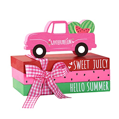 Jetec Summer Tiered Tray Decor Wooden Spring Mini Truck Wood Decorative Book Stack Sign Sunflower Watermelon Bee Farmhouse Shelf Decoration Rustic Truck Decor Table Decor for Summer Home Decor