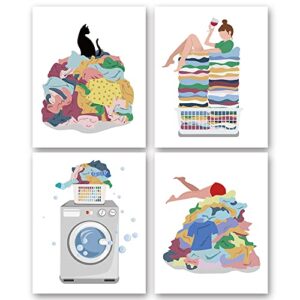 SUUURA-OO Laundry Room Wall Art Decor Prints Set of 4(8"x10" Unframed), Creative Illustration Laundry Room Rules Humorous Laundry Sign Posters for Women Mom Girl Sister Laundry Room