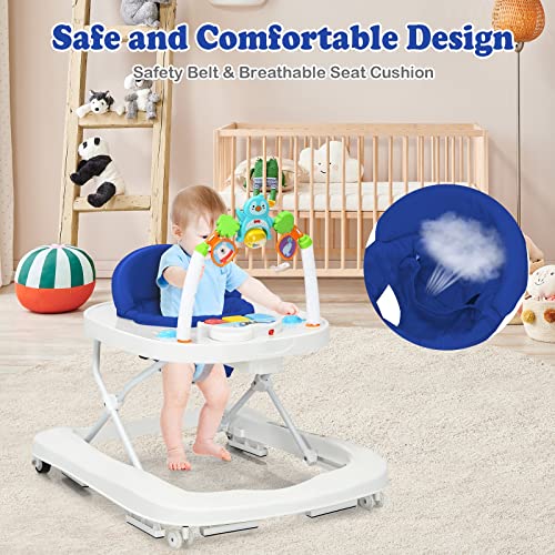 INFANS Foldable Activity Baby Walker, 2 in 1 Anti-Rollover Toddler Walker Helper with Adjustable Height and Speed Safety Belt, Music Center for Boys and Girls (Blue)