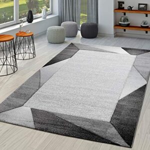 modern area rug bordered with geometric pattern grey anthracite with contour cut, size: 2’8″ x 9’10”