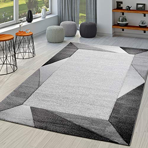 Modern Area Rug Bordered with Geometric Pattern Grey Anthracite with Contour Cut, Size: 2'8" x 9'10"