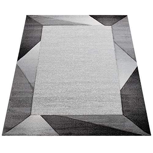 Modern Area Rug Bordered with Geometric Pattern Grey Anthracite with Contour Cut, Size: 2'8" x 9'10"