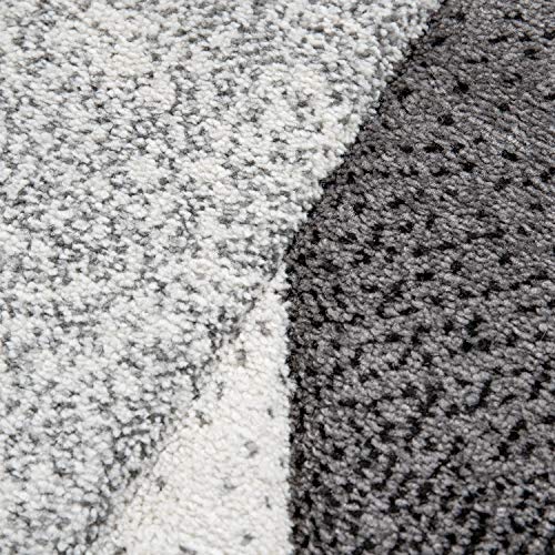 Modern Area Rug Bordered with Geometric Pattern Grey Anthracite with Contour Cut, Size: 2'8" x 9'10"