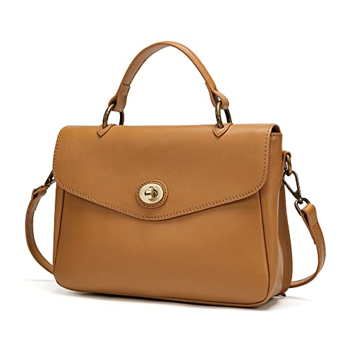 Leather Top Handle Handbags For Women Vintage Medium Shoulder Messenger Bag With Lock Flap (2-Brown)