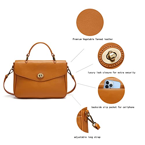 Leather Top Handle Handbags For Women Vintage Medium Shoulder Messenger Bag With Lock Flap (2-Brown)