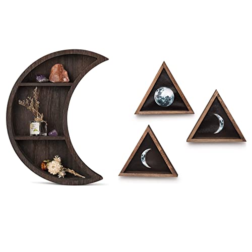 Dahey Moon Shelf Wall Mounted Moon Wall Decor Crystal Display Shelf Hanging Storage and Rustic Wall Moon Phases Decor Wood Moon Signs for Living Room Bedroom Bathroom Kitchen Witchy Room Decor