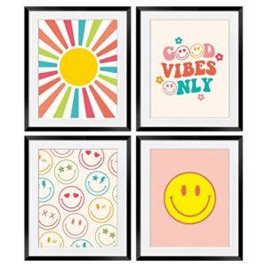 ogilre pink smiley face good vibes only preppy wall art decorations prints, boho sun abstract sunrise poster, 8×10 inch 4 set unframed