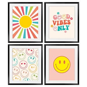 OGILRE Pink Smiley Face Good Vibes Only Preppy Wall Art Decorations Prints, Boho Sun Abstract Sunrise Poster, 8x10 Inch 4 Set UNFRAMED