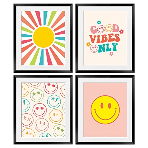 OGILRE Pink Smiley Face Good Vibes Only Preppy Wall Art Decorations Prints, Boho Sun Abstract Sunrise Poster, 8x10 Inch 4 Set UNFRAMED