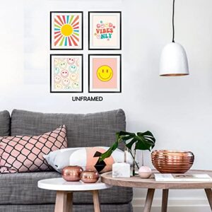 OGILRE Pink Smiley Face Good Vibes Only Preppy Wall Art Decorations Prints, Boho Sun Abstract Sunrise Poster, 8x10 Inch 4 Set UNFRAMED