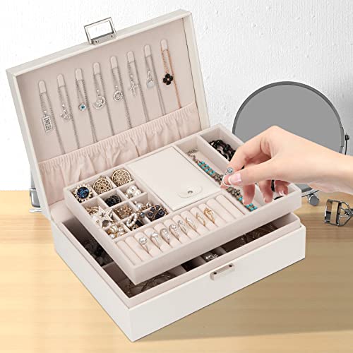 Jewelry Organizer Box for Girls Women Travel Jewelry Case Double Layer Large Jewelry Storage Box Travel Jewelry Box with Gift Box/white