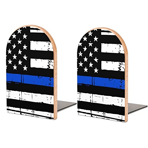 Hon-Lally American Blue Line USA Police Stars Flag Pattern Wood Bookends Decorative Bookend Non-Skid Office Book Stand for Books Office Files Magazine, One Size, Wood style