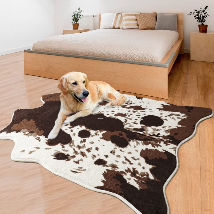 Acapet Cow Print Area Rugs Cowhide Rugs 4.6ft x5.2ft for Living Room Bedroom Western Decor, Cute Fluffy Cowhide Carpet Faux Fur Rug, Soft Fuzzy Rug for Home, Brown and White,(140 * 158cm)