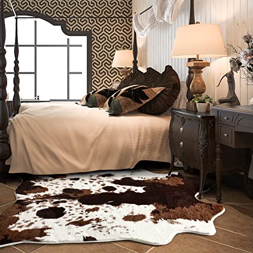 Acapet Cow Print Area Rugs Cowhide Rugs 4.6ft x5.2ft for Living Room Bedroom Western Decor, Cute Fluffy Cowhide Carpet Faux Fur Rug, Soft Fuzzy Rug for Home, Brown and White,(140 * 158cm)